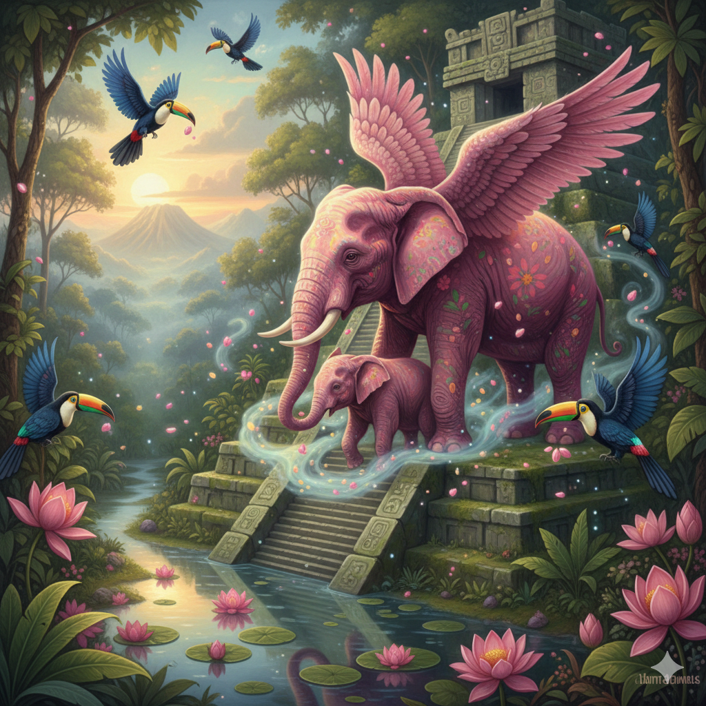 Elefante Rosa Volante con paesaggio magico